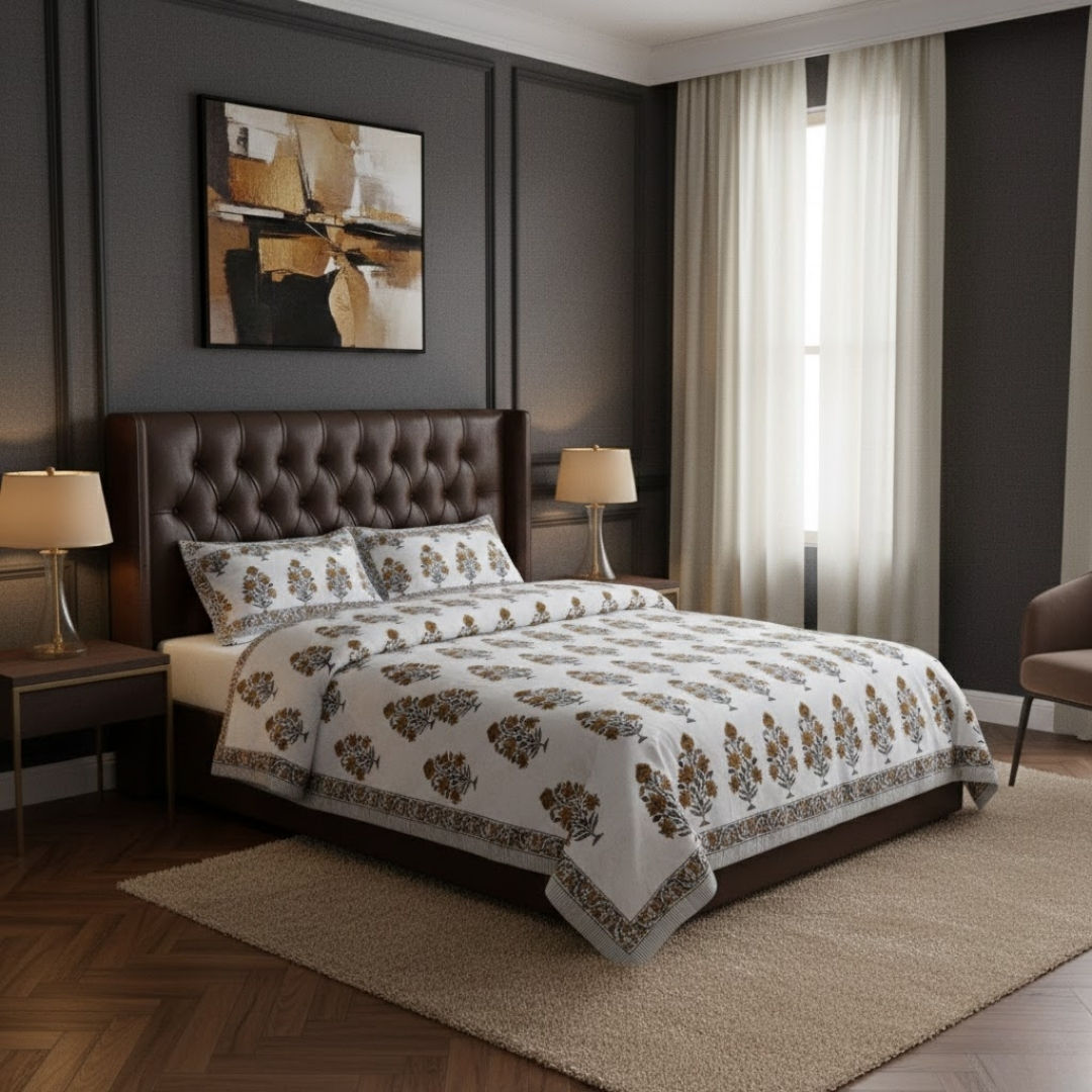 Charning rose mustard fine cotton hand block king size bedsheet set